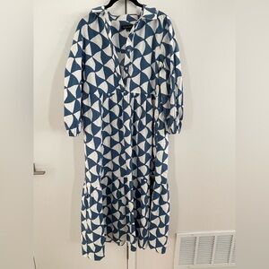 Rachel Zoe Blue and White Geometric Patterned Midi Dress